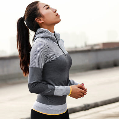 Women Hooded running jacket Long Sleeve Sweatshirt Ladies Yoga Sports Zipper Jacket Fitness Gym Shirts Women's Dropship